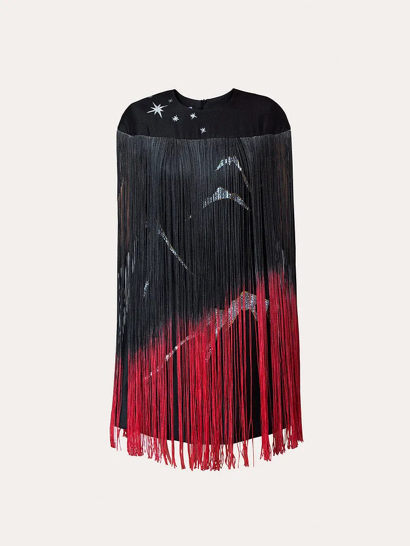 MOUNTAIN-PAINTED BLACK TASSELS DRESS