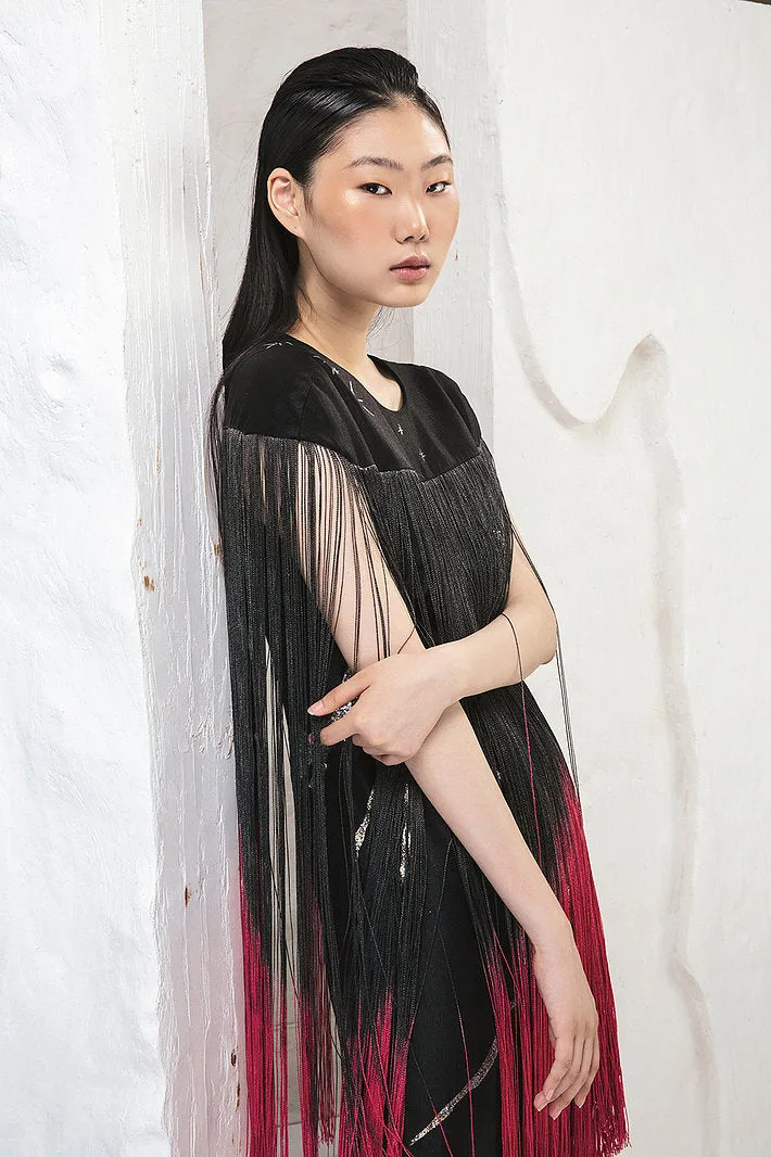 MOUNTAIN-PAINTED BLACK TASSELS DRESS