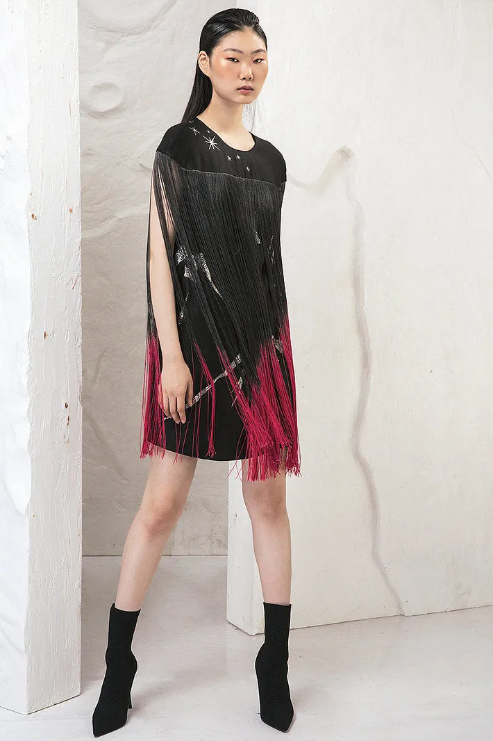 MOUNTAIN-PAINTED BLACK TASSELS DRESS