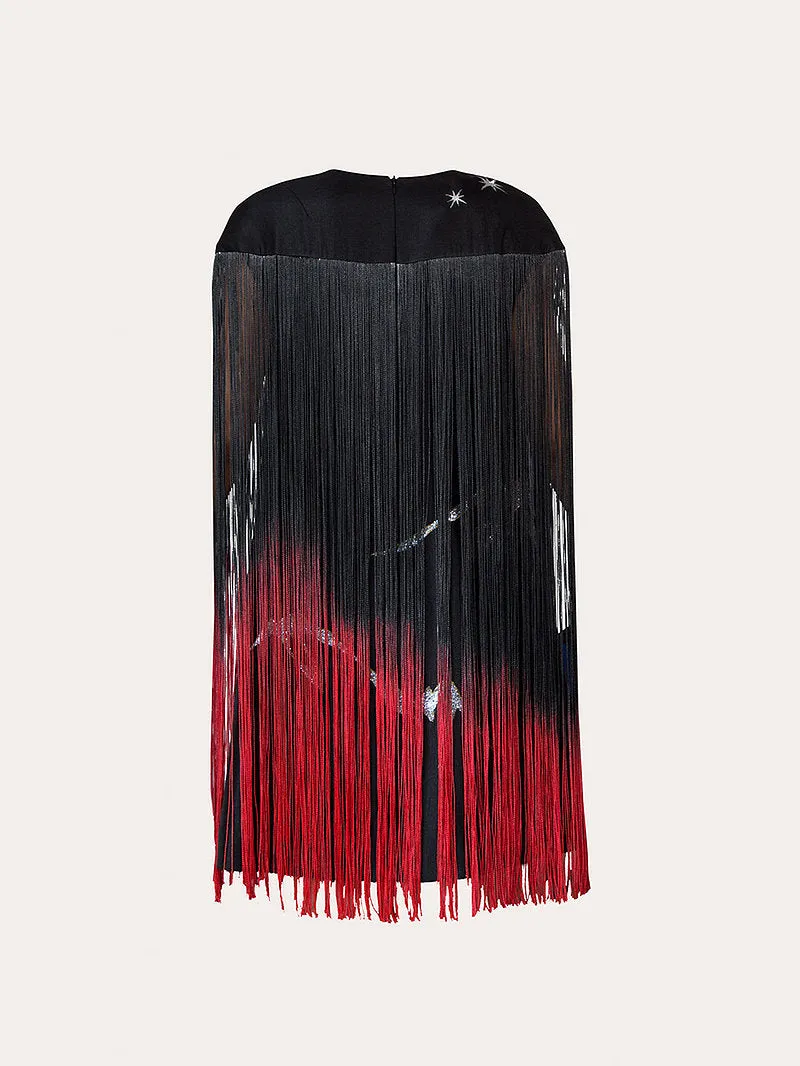 MOUNTAIN-PAINTED BLACK TASSELS DRESS