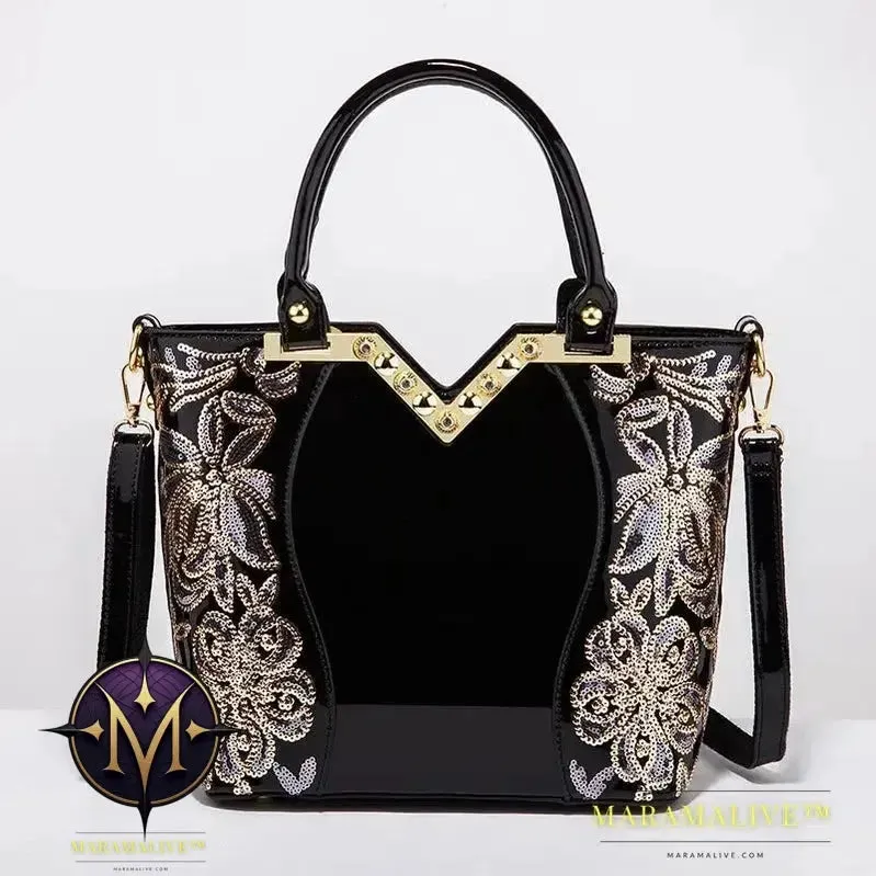 Shiny Patent Leather Embroidery Shoulder Bag Female Party Bags Brand Designer Handbags Large Capacity Women Cross Body Tote