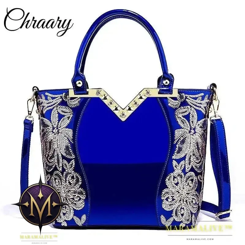 Shiny Patent Leather Embroidery Shoulder Bag Female Party Bags Brand Designer Handbags Large Capacity Women Cross Body Tote
