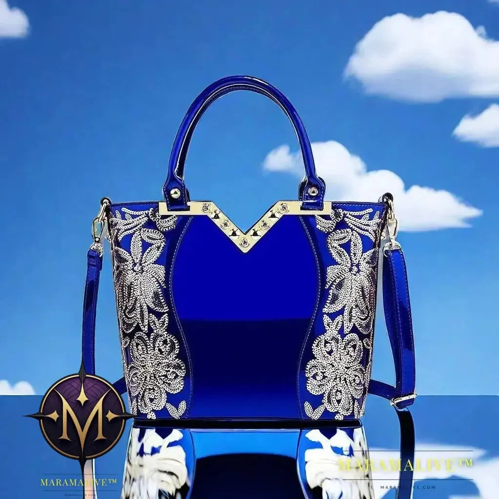Shiny Patent Leather Embroidery Shoulder Bag Female Party Bags Brand Designer Handbags Large Capacity Women Cross Body Tote