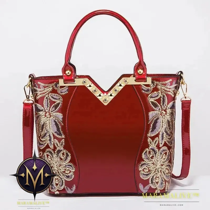 Shiny Patent Leather Embroidery Shoulder Bag Female Party Bags Brand Designer Handbags Large Capacity Women Cross Body Tote