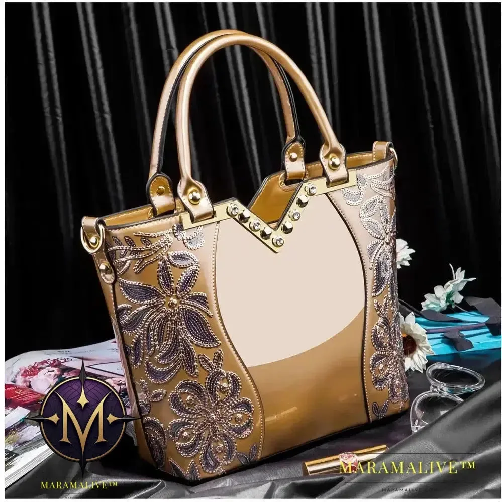 Shiny Patent Leather Embroidery Shoulder Bag Female Party Bags Brand Designer Handbags Large Capacity Women Cross Body Tote