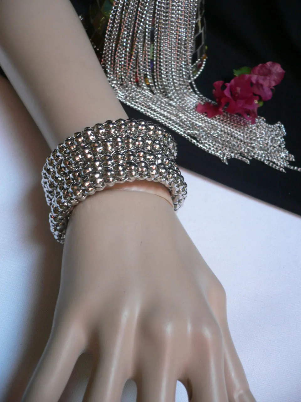 Silver Beads Metal Spring Elastic Wide Bracelet Disco Style