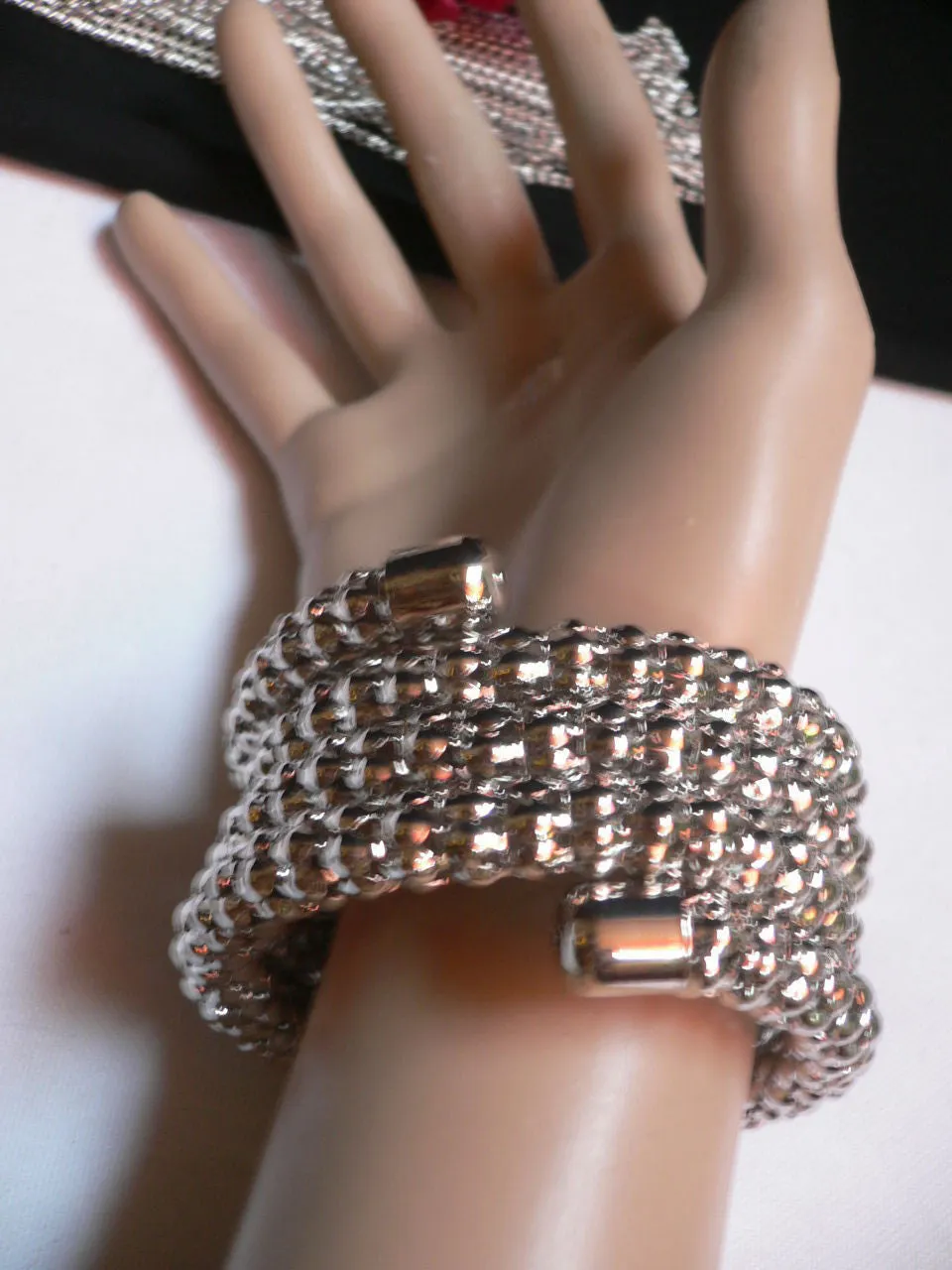 Silver Beads Metal Spring Elastic Wide Bracelet Disco Style