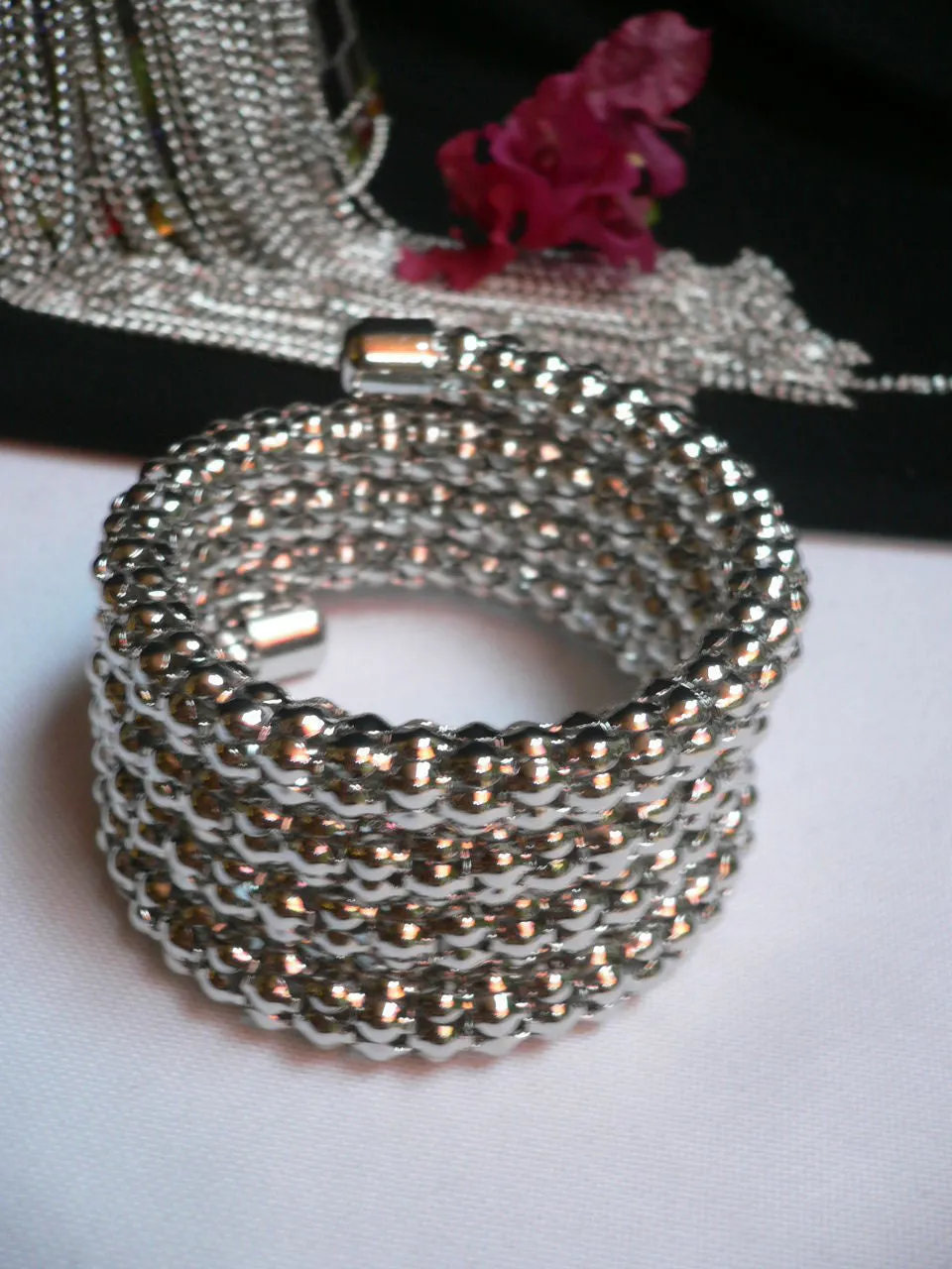 Silver Beads Metal Spring Elastic Wide Bracelet Disco Style
