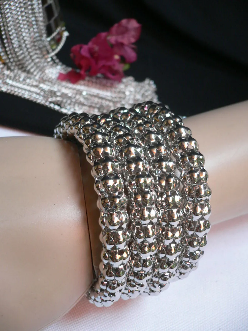 Silver Beads Metal Spring Elastic Wide Bracelet Disco Style
