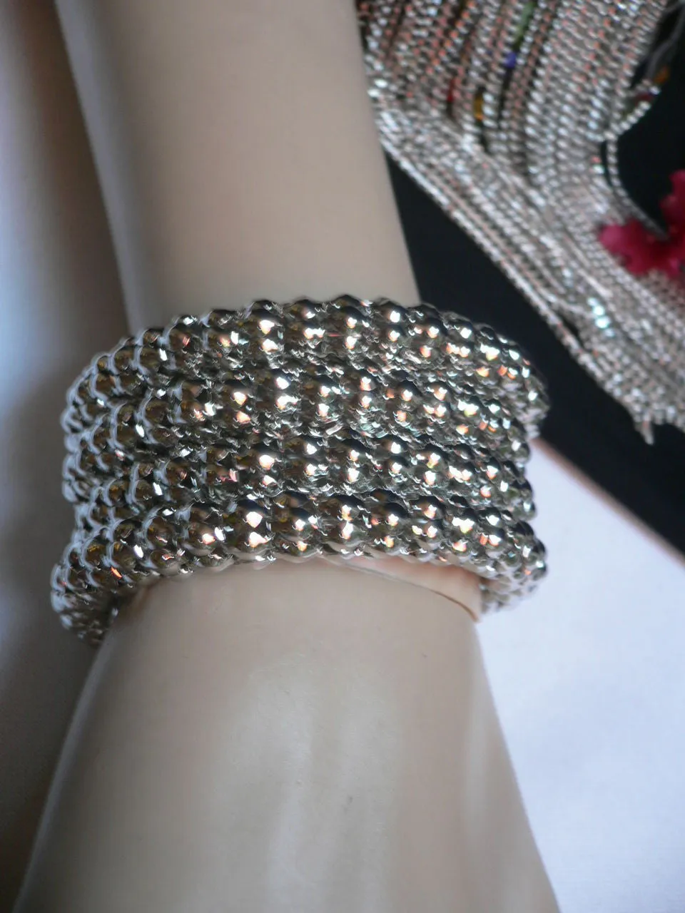 Silver Beads Metal Spring Elastic Wide Bracelet Disco Style