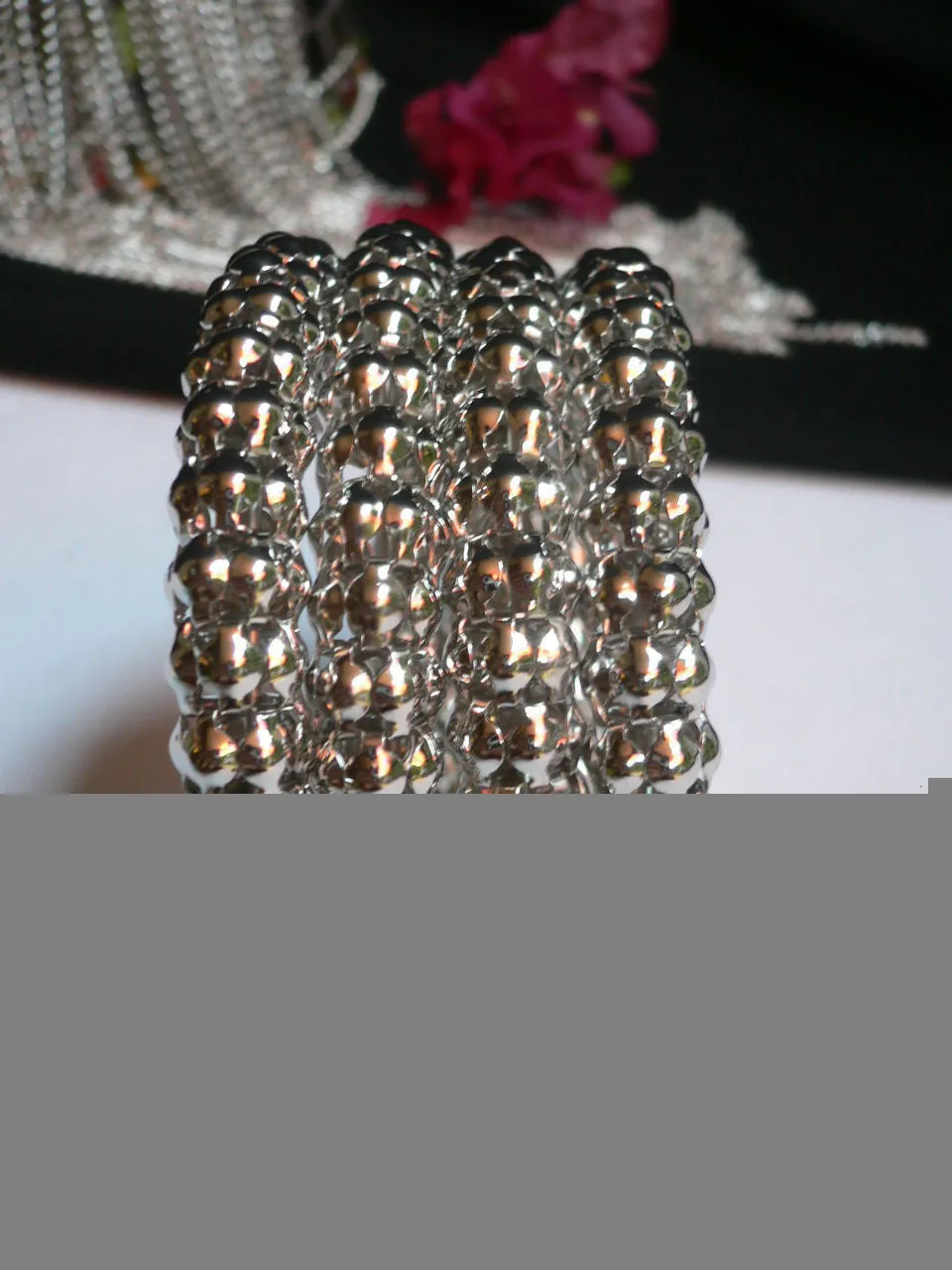 Silver Beads Metal Spring Elastic Wide Bracelet Disco Style