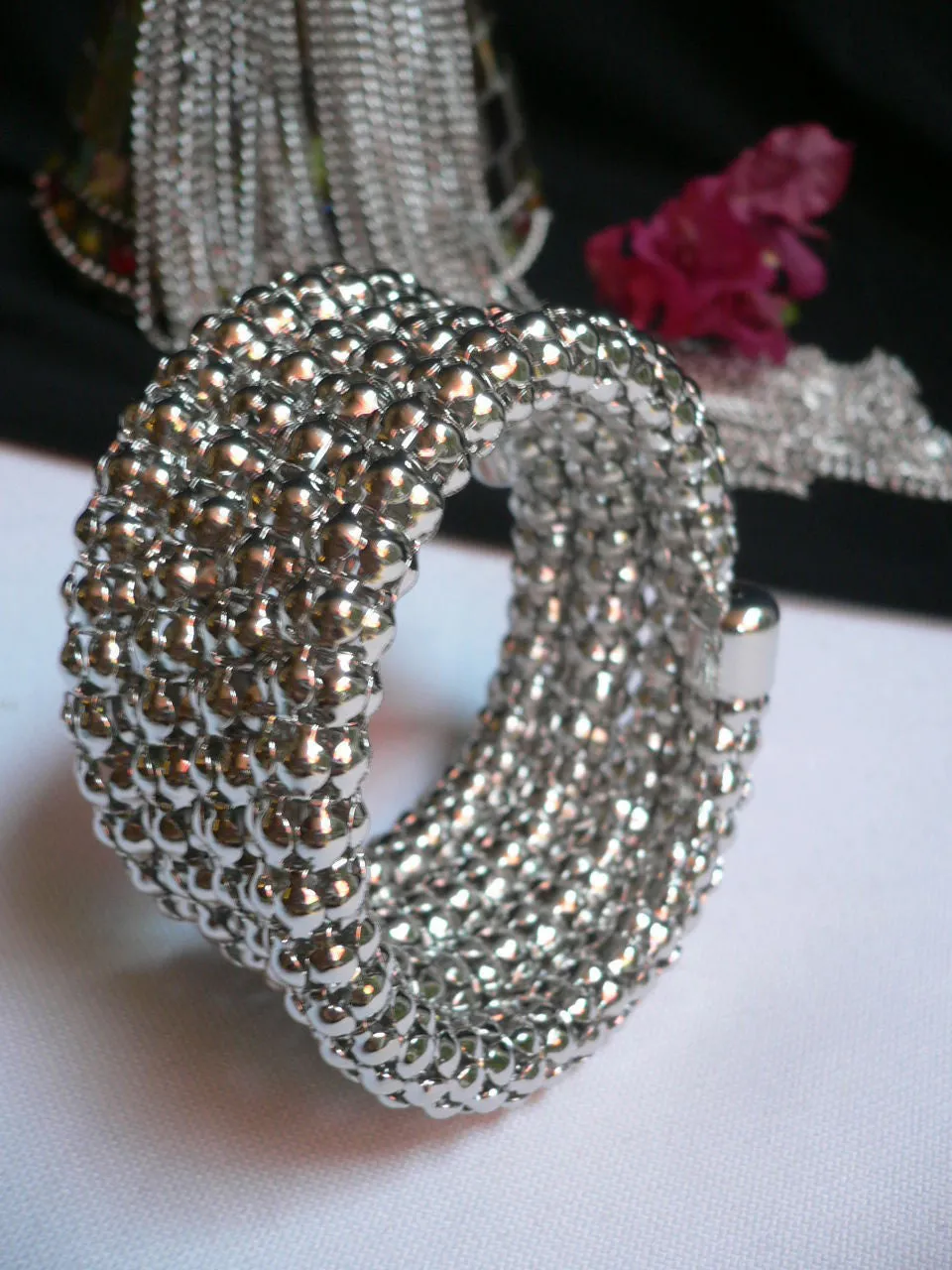 Silver Beads Metal Spring Elastic Wide Bracelet Disco Style