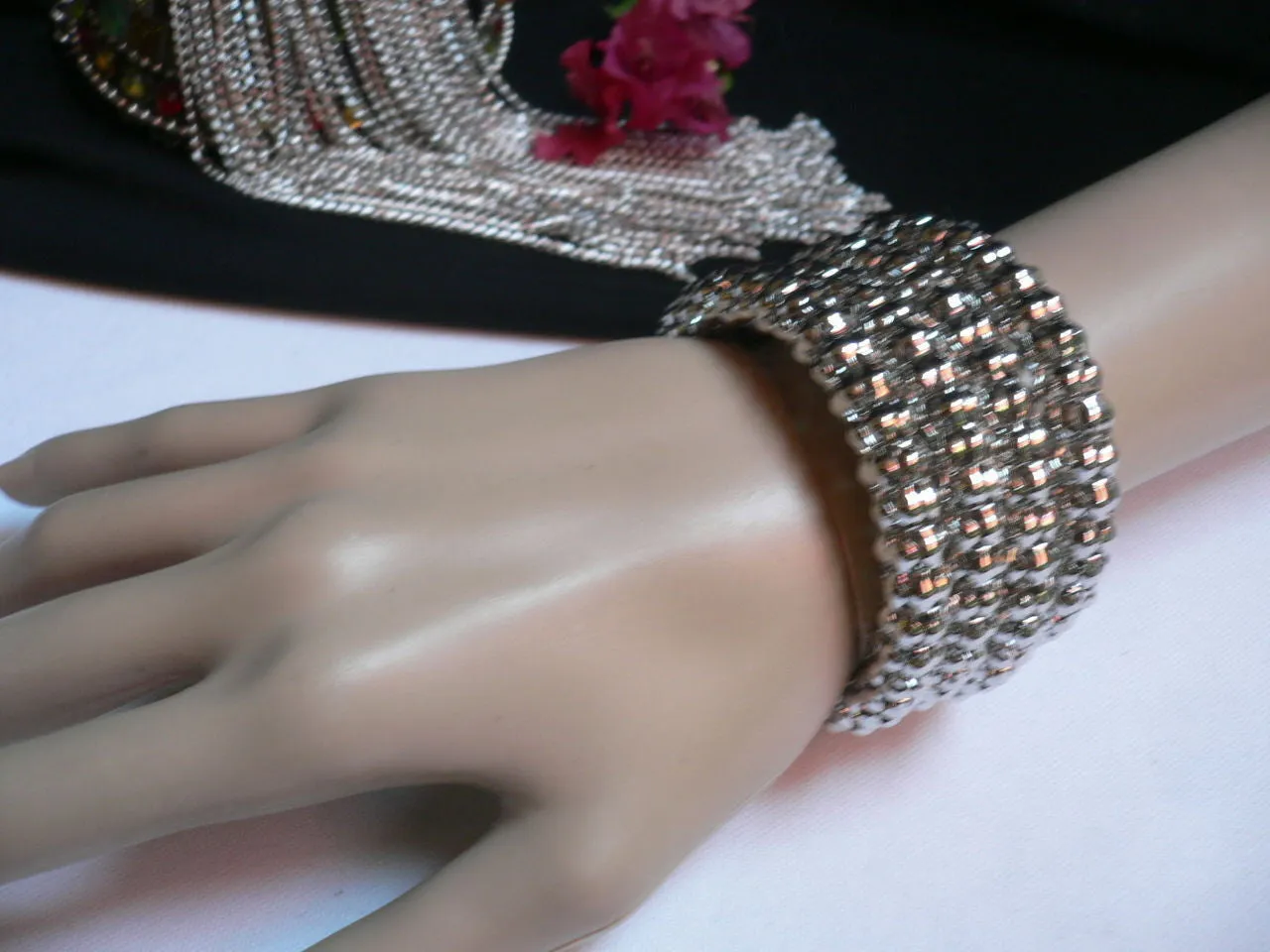 Silver Beads Metal Spring Elastic Wide Bracelet Disco Style