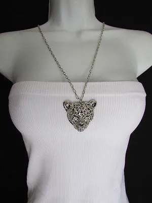 Silver Black Leopard Tiger Head Pendant Multi Rhinestones Long Necklace