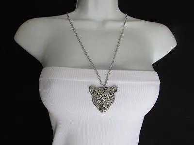 Silver Black Leopard Tiger Head Pendant Multi Rhinestones Long Necklace