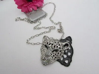 Silver Black Leopard Tiger Head Pendant Multi Rhinestones Long Necklace