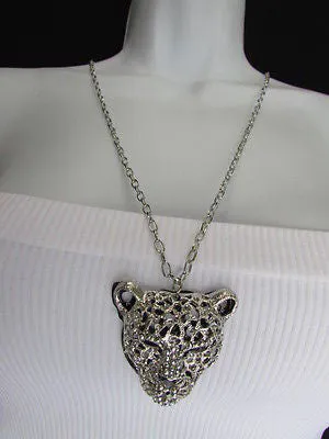 Silver Black Leopard Tiger Head Pendant Multi Rhinestones Long Necklace