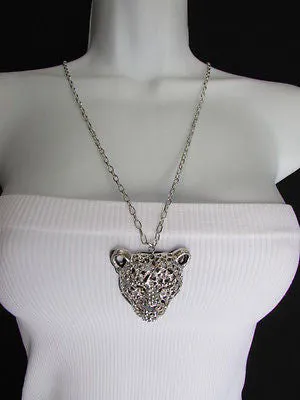 Silver Black Leopard Tiger Head Pendant Multi Rhinestones Long Necklace