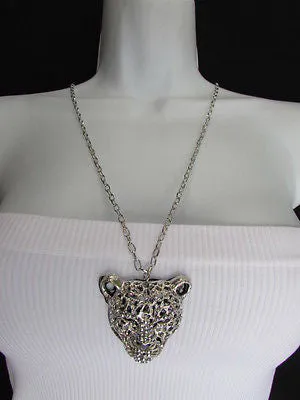 Silver Black Leopard Tiger Head Pendant Multi Rhinestones Long Necklace