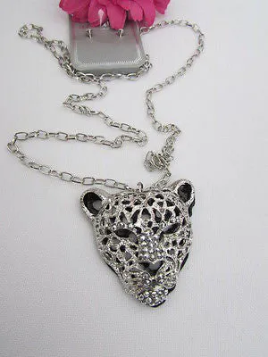 Silver Black Leopard Tiger Head Pendant Multi Rhinestones Long Necklace