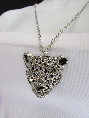 Silver Black Leopard Tiger Head Pendant Multi Rhinestones Long Necklace
