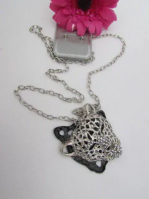Silver Black Leopard Tiger Head Pendant Multi Rhinestones Long Necklace
