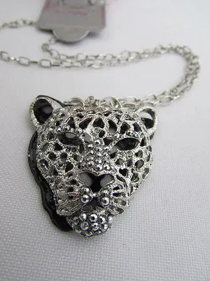 Silver Black Leopard Tiger Head Pendant Multi Rhinestones Long Necklace