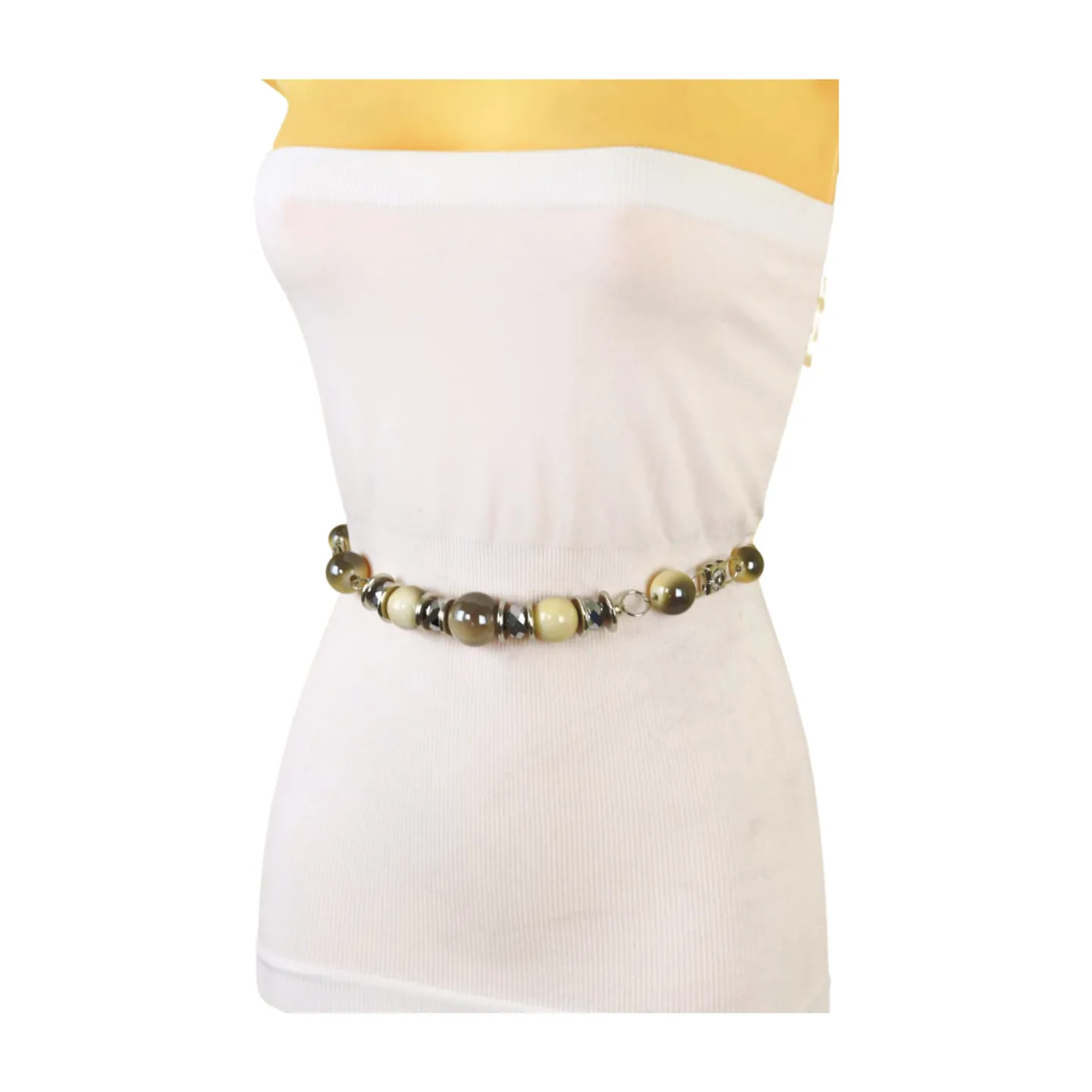 Silver Metal Chain Beaded Belt Gray Cream Beads S M