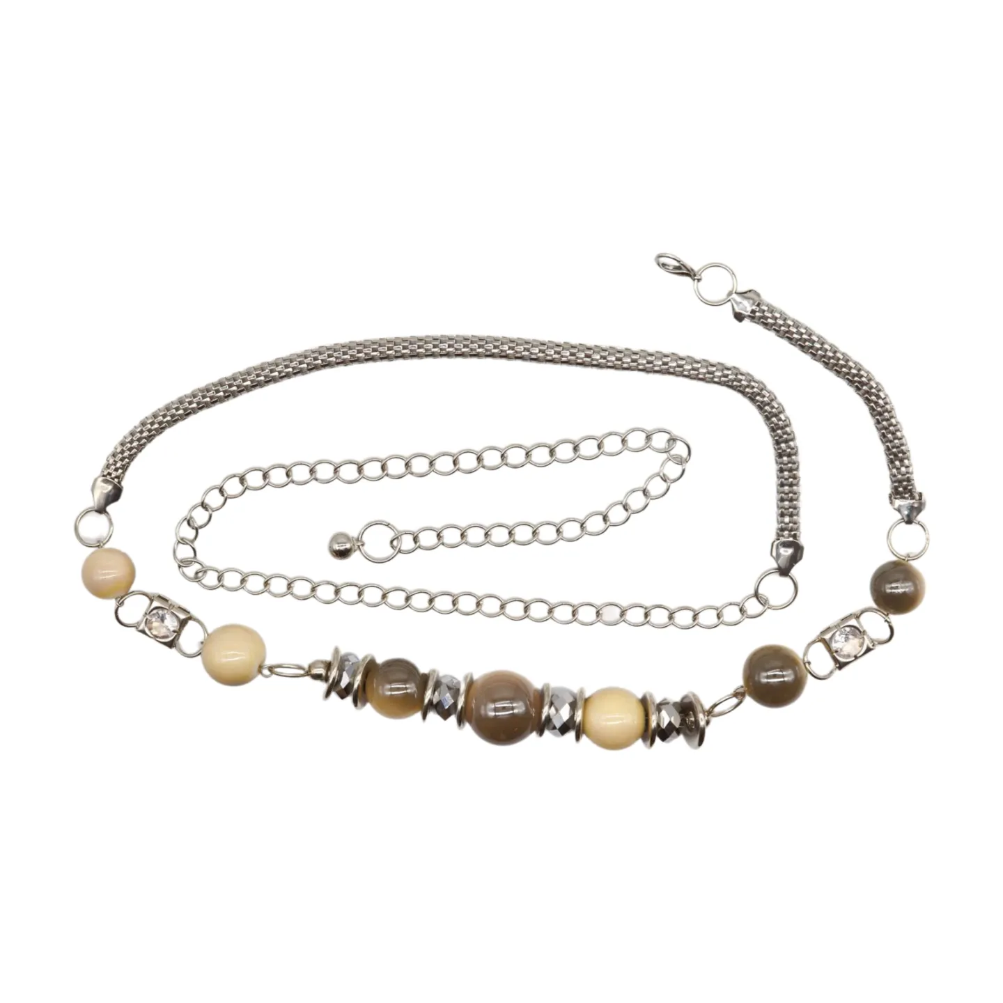 Silver Metal Chain Beaded Belt Gray Cream Beads S M