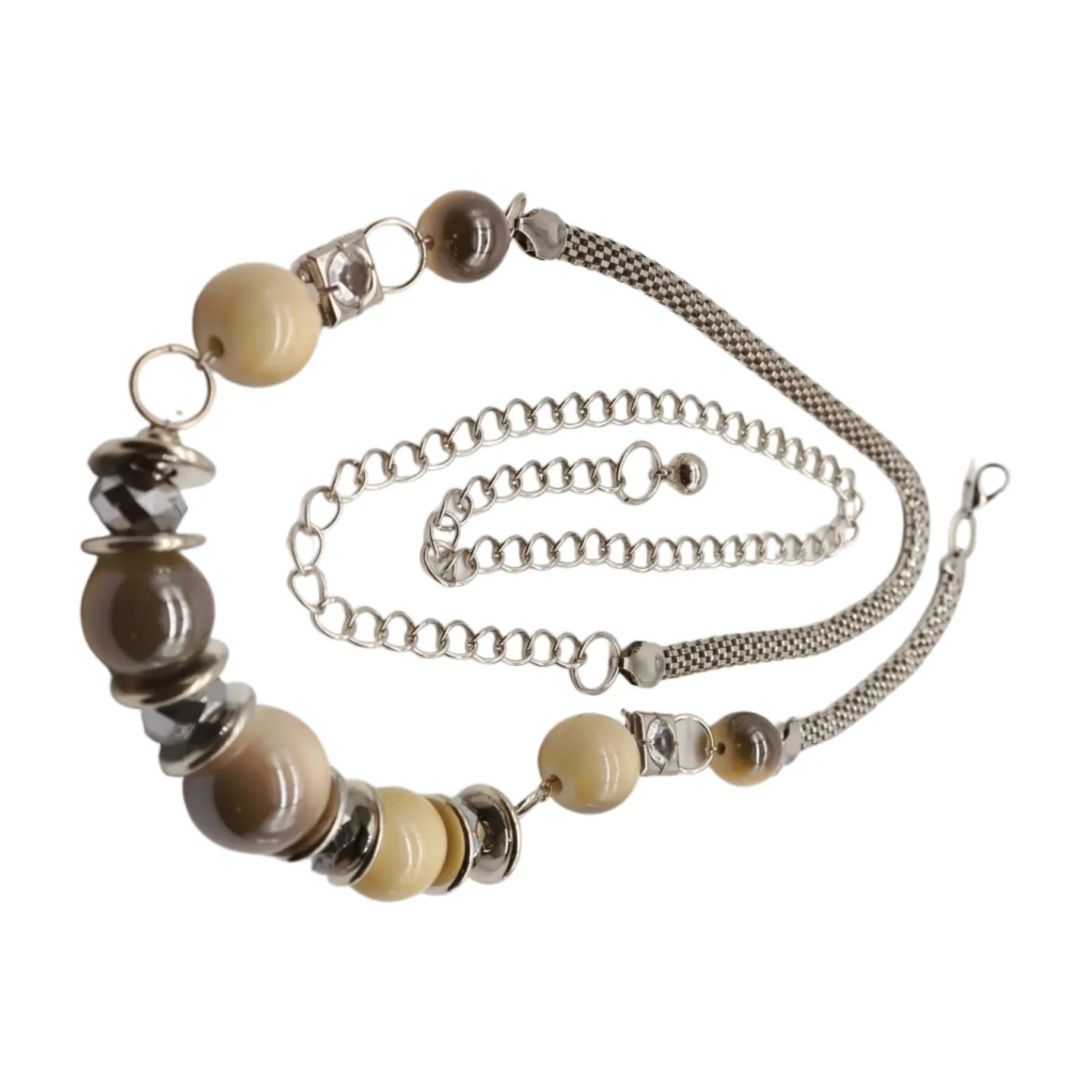 Silver Metal Chain Beaded Belt Gray Cream Beads S M