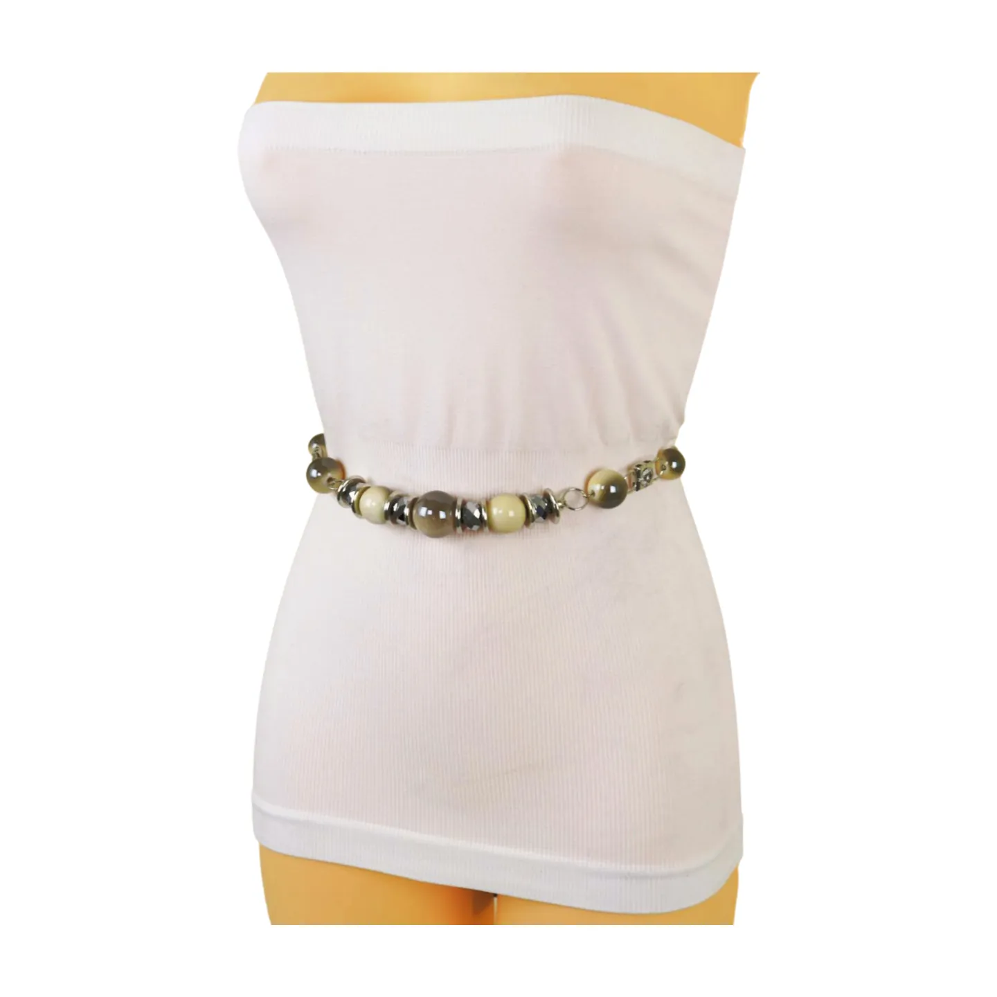 Silver Metal Chain Beaded Belt Gray Cream Beads S M