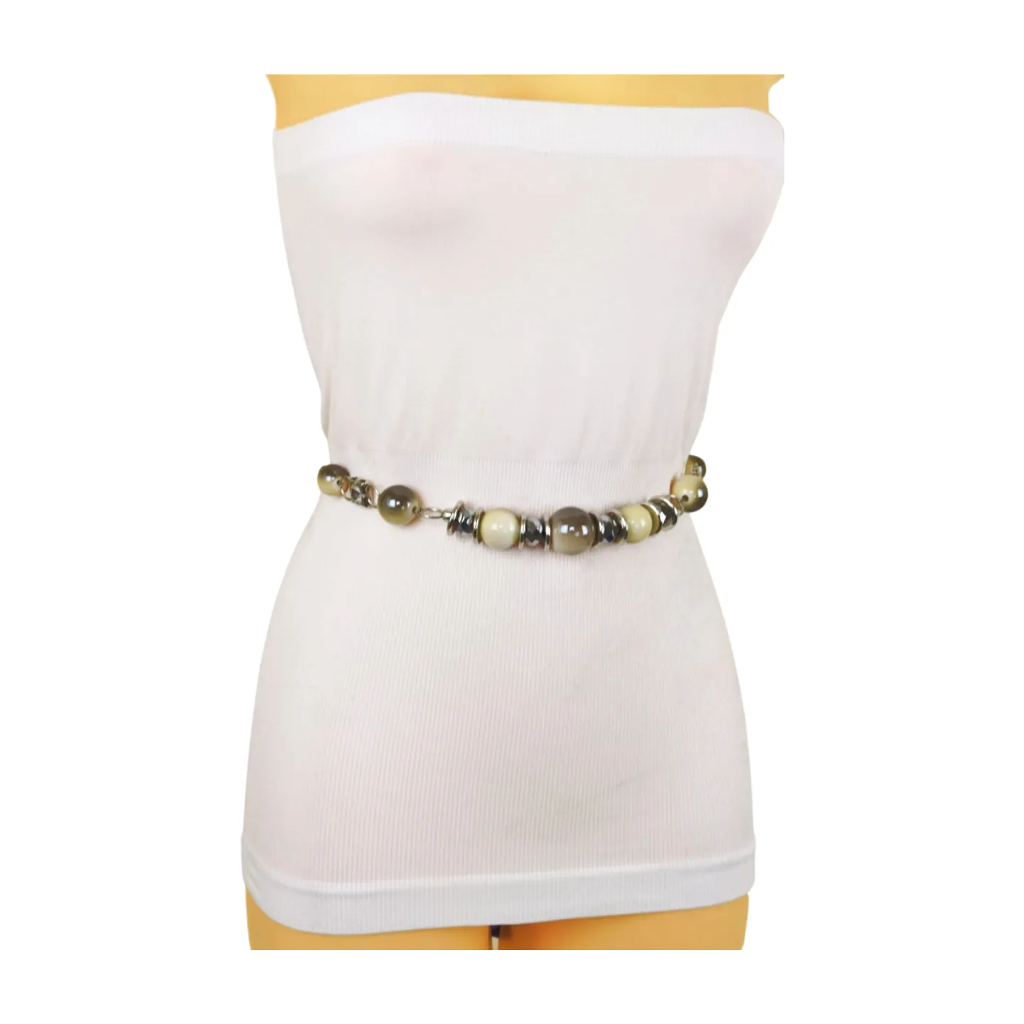 Silver Metal Chain Beaded Belt Gray Cream Beads S M