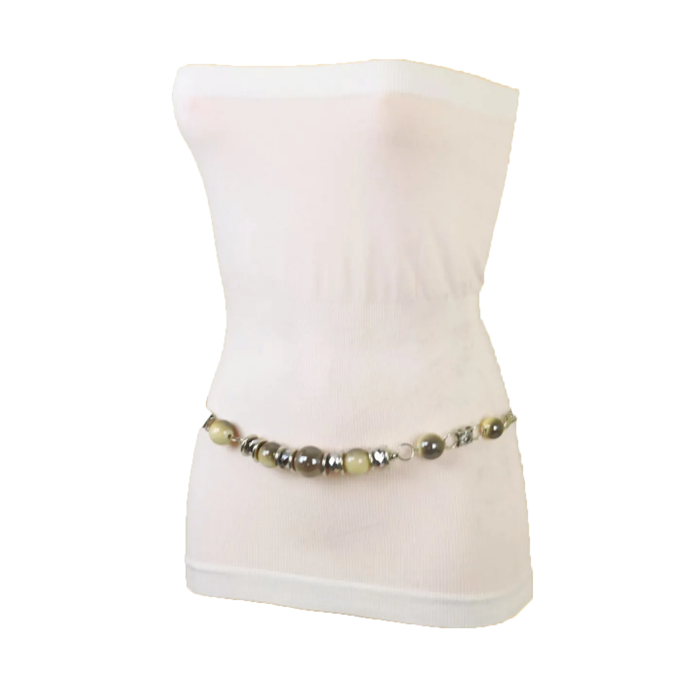 Silver Metal Chain Beaded Belt Gray Cream Beads S M