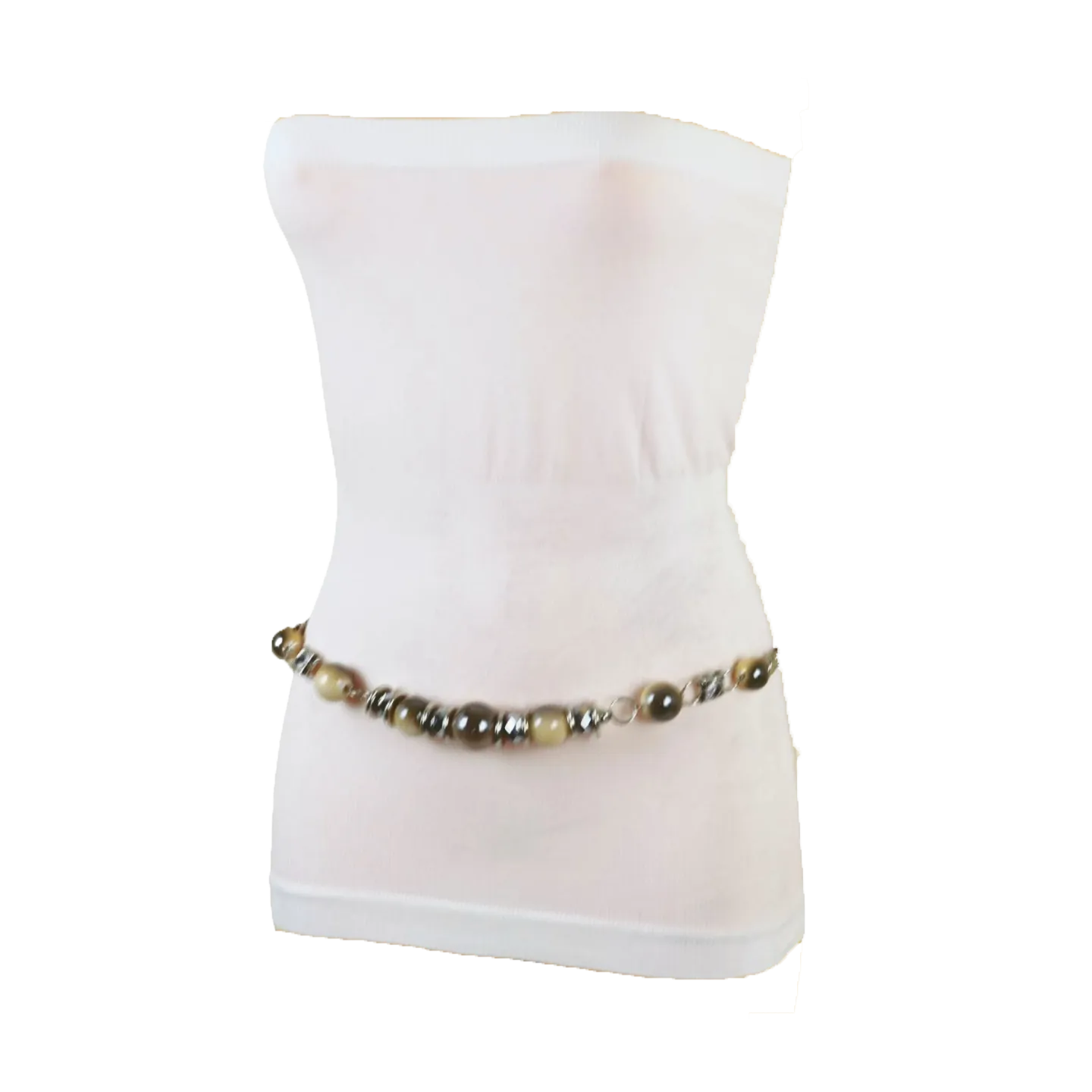 Silver Metal Chain Beaded Belt Gray Cream Beads S M