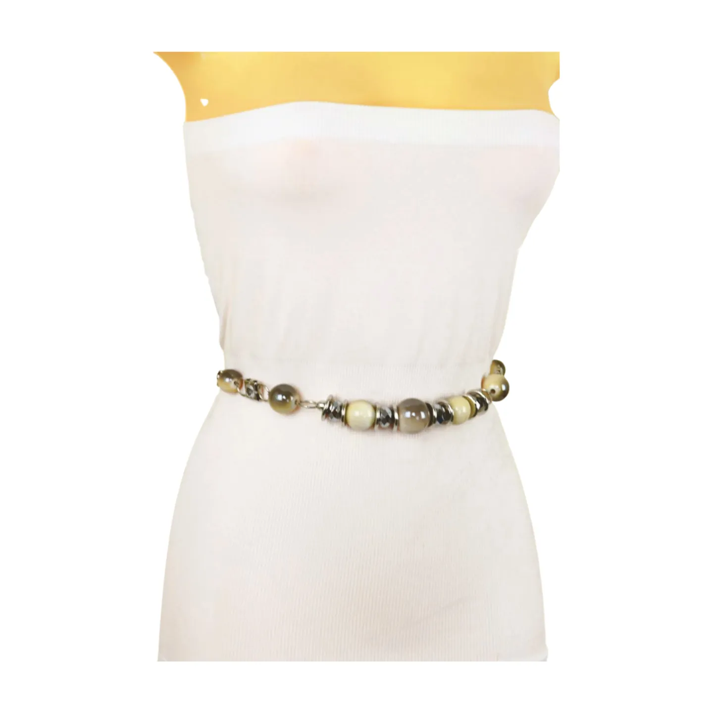 Silver Metal Chain Beaded Belt Gray Cream Beads S M