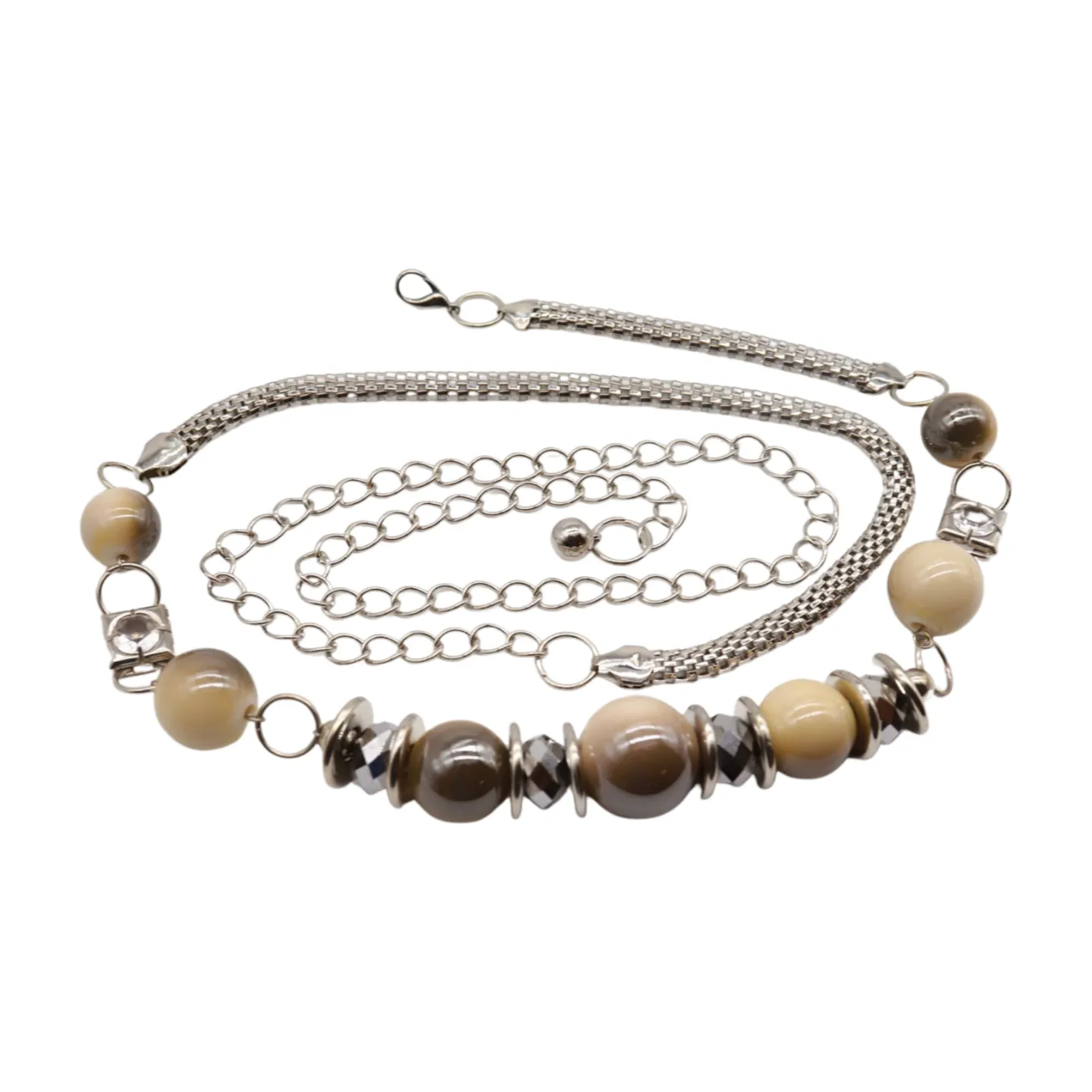 Silver Metal Chain Beaded Belt Gray Cream Beads S M