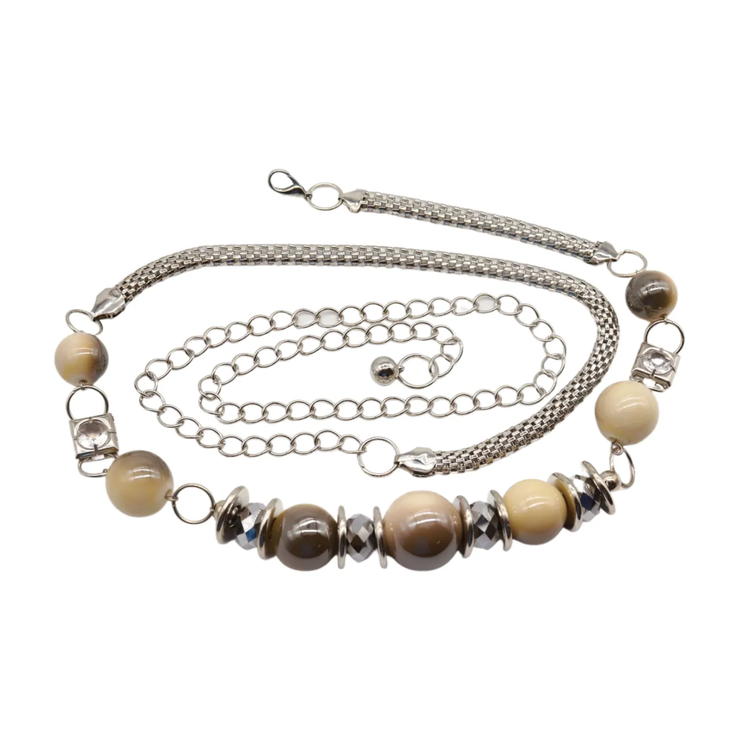 Silver Metal Chain Beaded Belt Gray Cream Beads S M