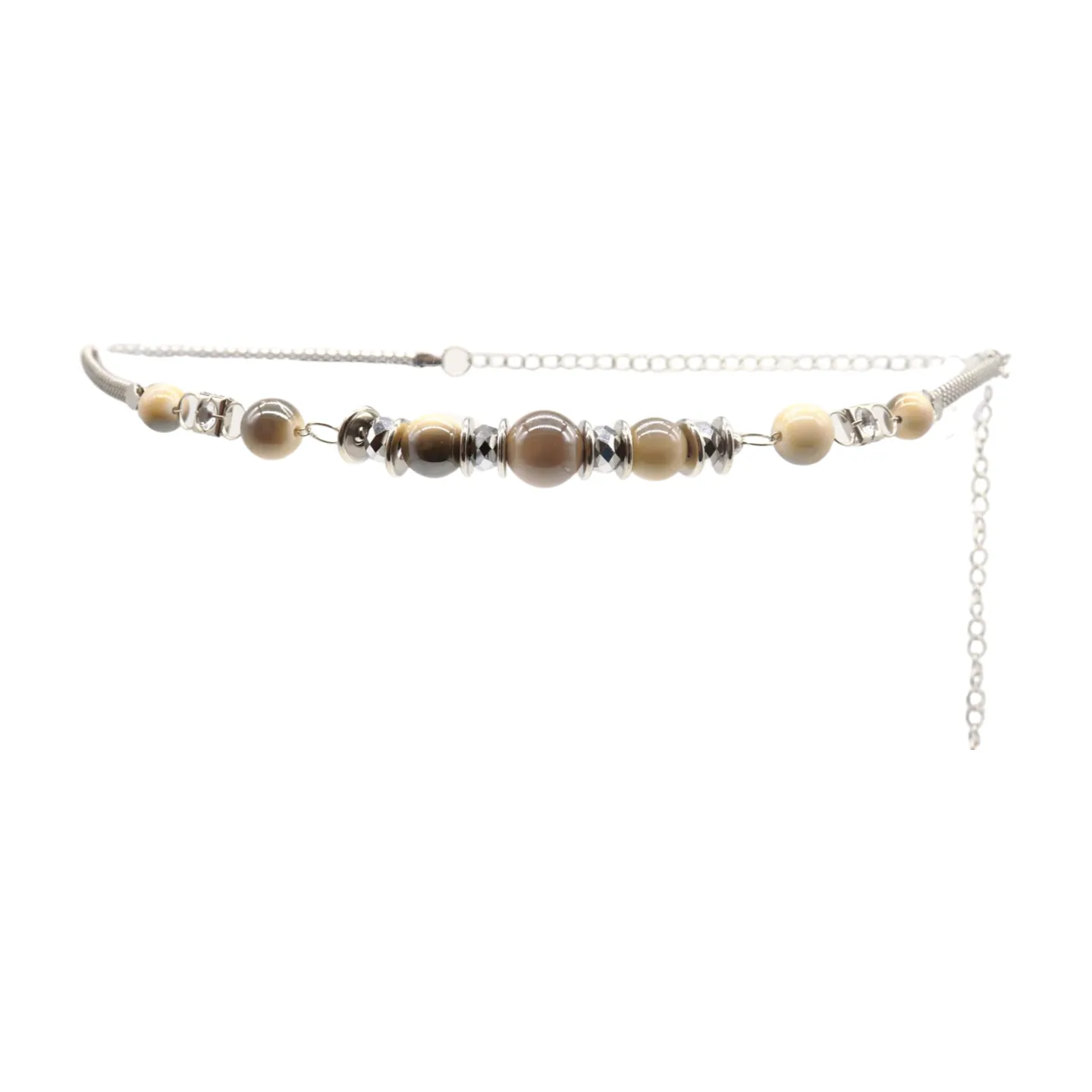 Silver Metal Chain Beaded Belt Gray Cream Beads S M