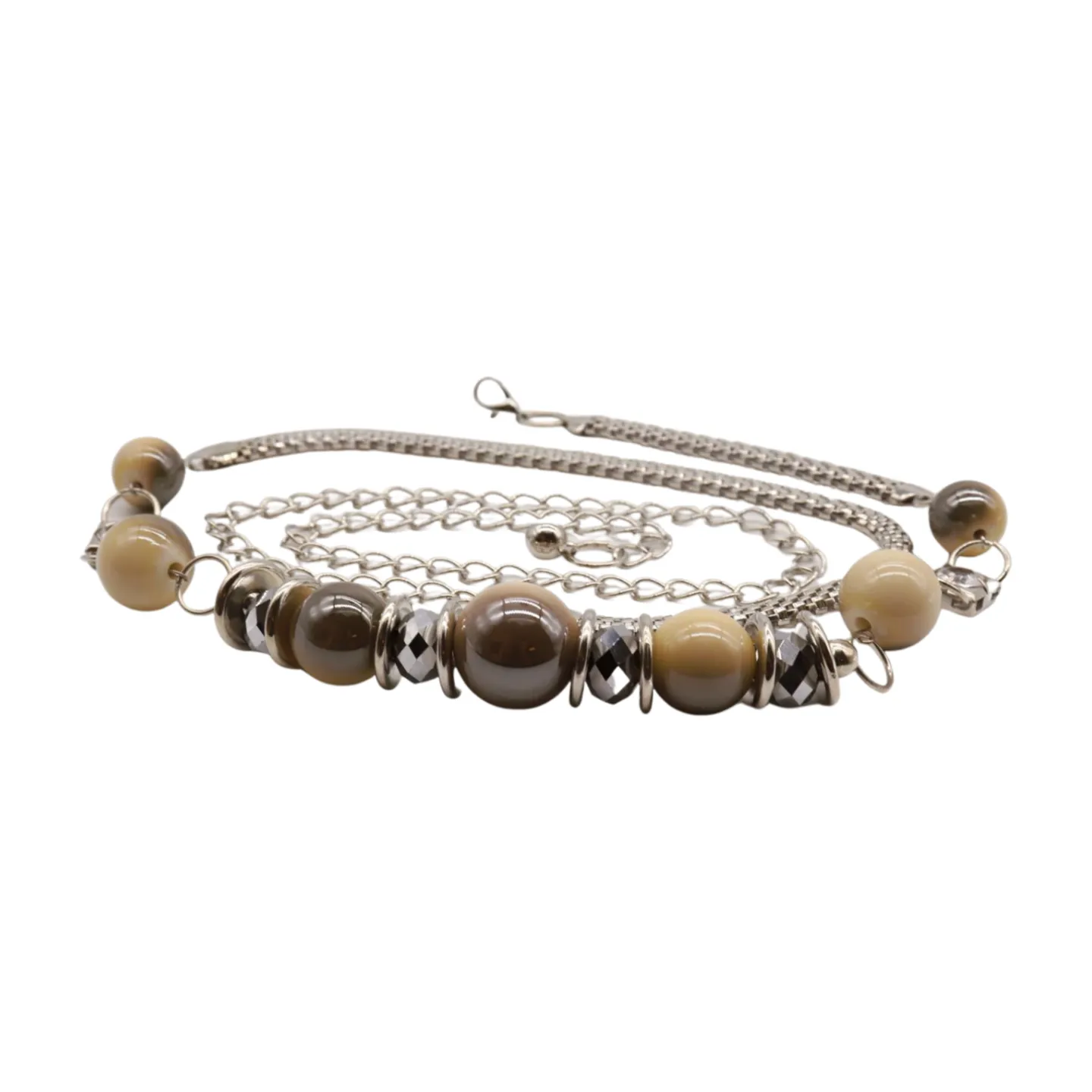 Silver Metal Chain Beaded Belt Gray Cream Beads S M