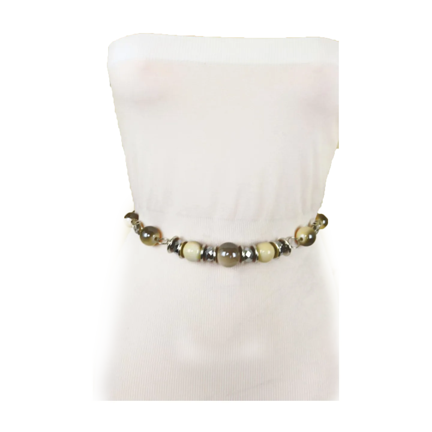 Silver Metal Chain Beaded Belt Gray Cream Beads S M