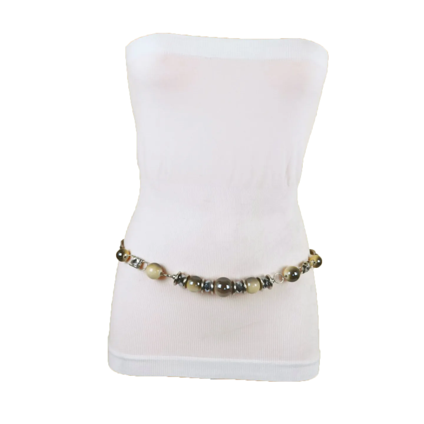 Silver Metal Chain Beaded Belt Gray Cream Beads S M