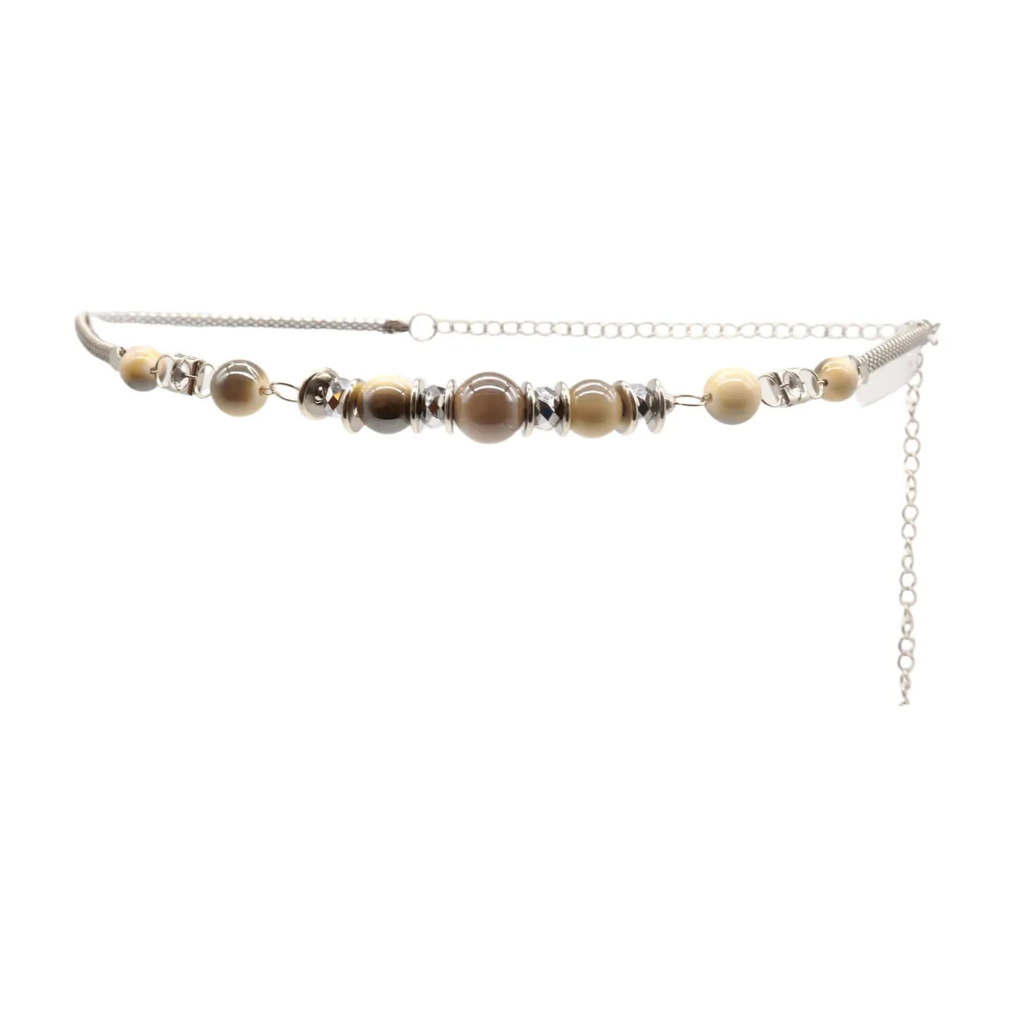 Silver Metal Chain Beaded Belt Gray Cream Beads S M