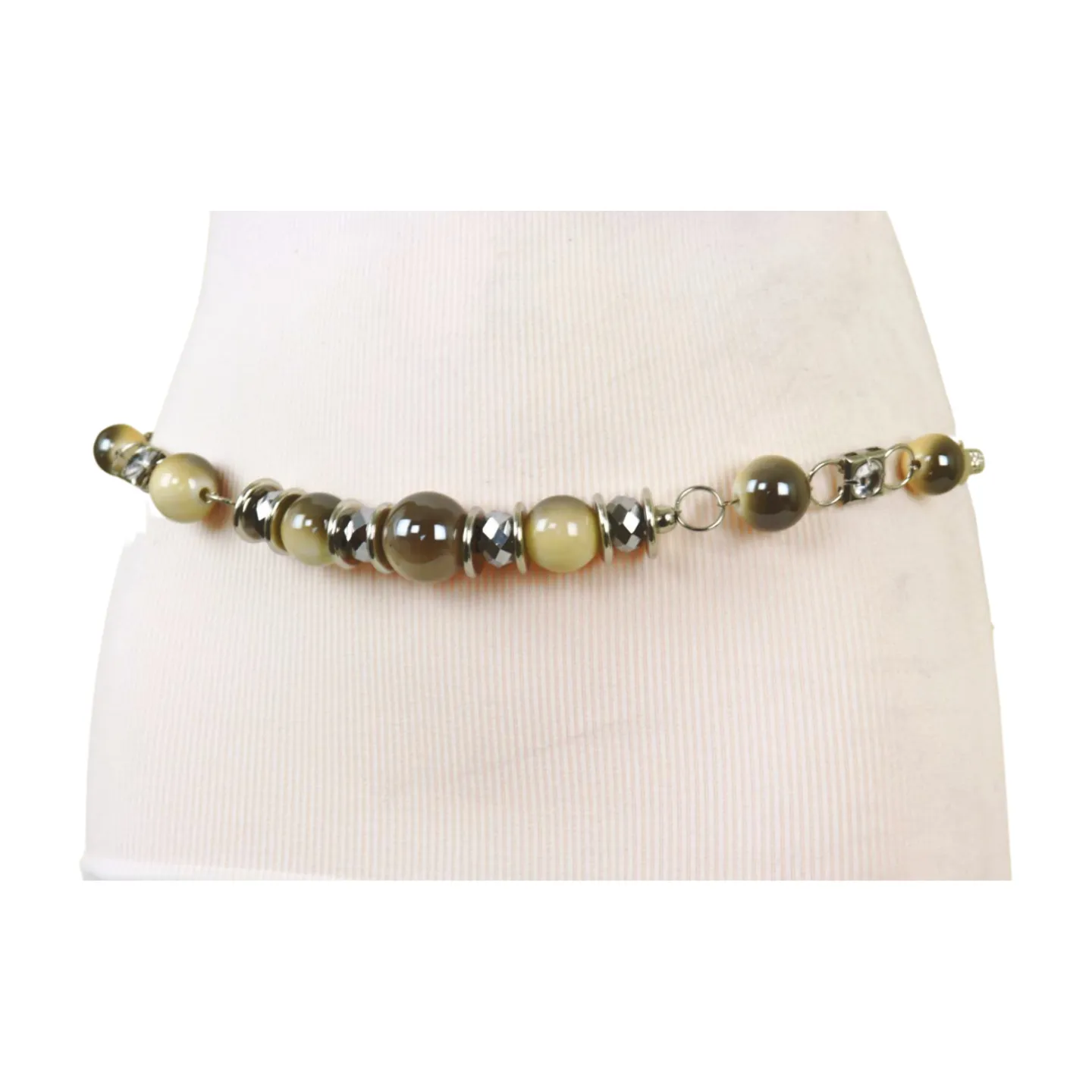 Silver Metal Chain Beaded Belt Gray Cream Beads S M