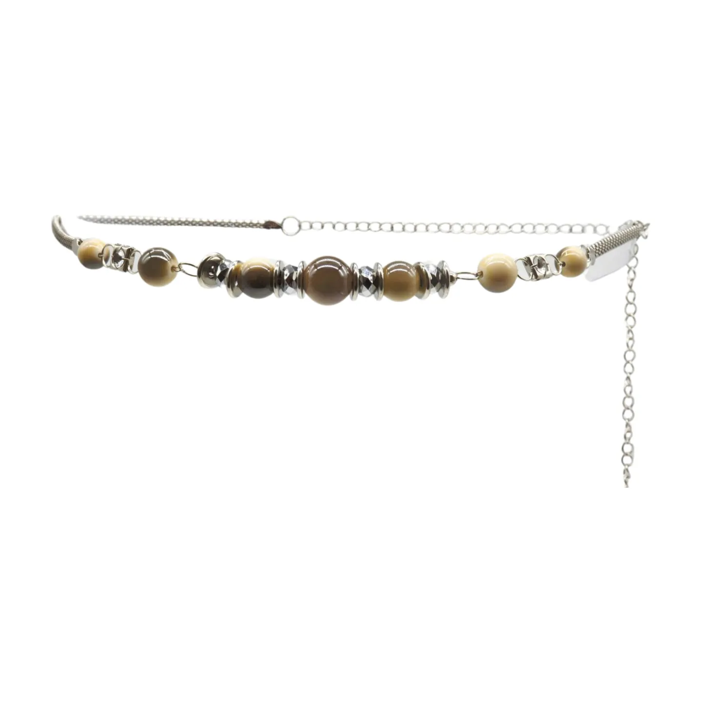 Silver Metal Chain Beaded Belt Gray Cream Beads S M