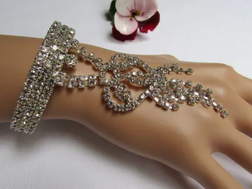 Silver Metal Heart Bracelet Multi Rhinestones Wedding Style