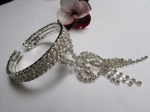 Silver Metal Heart Bracelet Multi Rhinestones Wedding Style