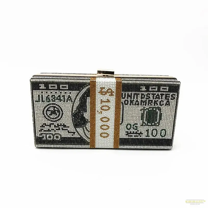 Trendy Dollar Stack Cash Evening Bag - Creative Rhinestone Fashion Handbag
