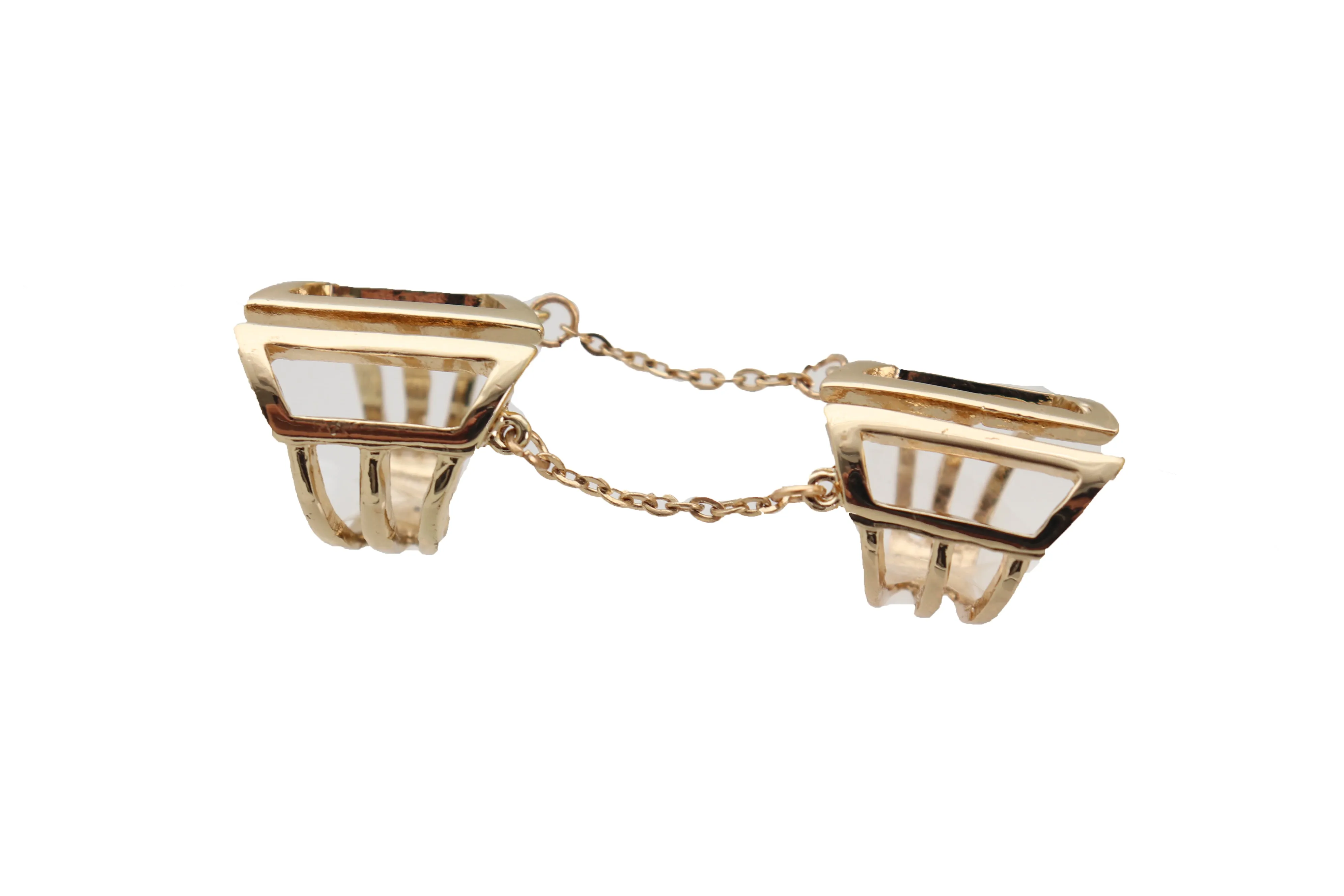 Women Gold Cuff Ring Metal Long Finger Double Adjustable Band Up to Size 9