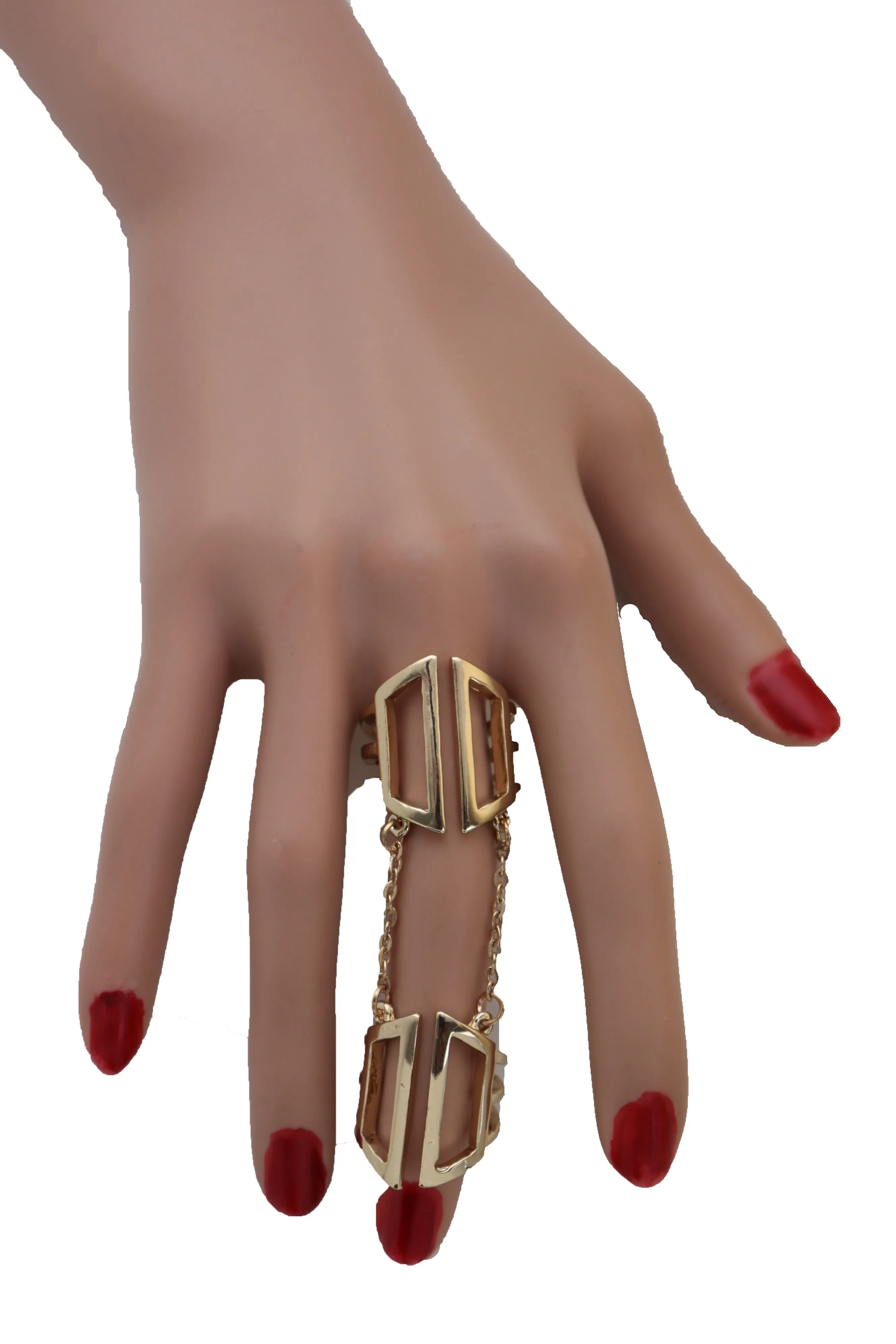 Women Gold Cuff Ring Metal Long Finger Double Adjustable Band Up to Size 9