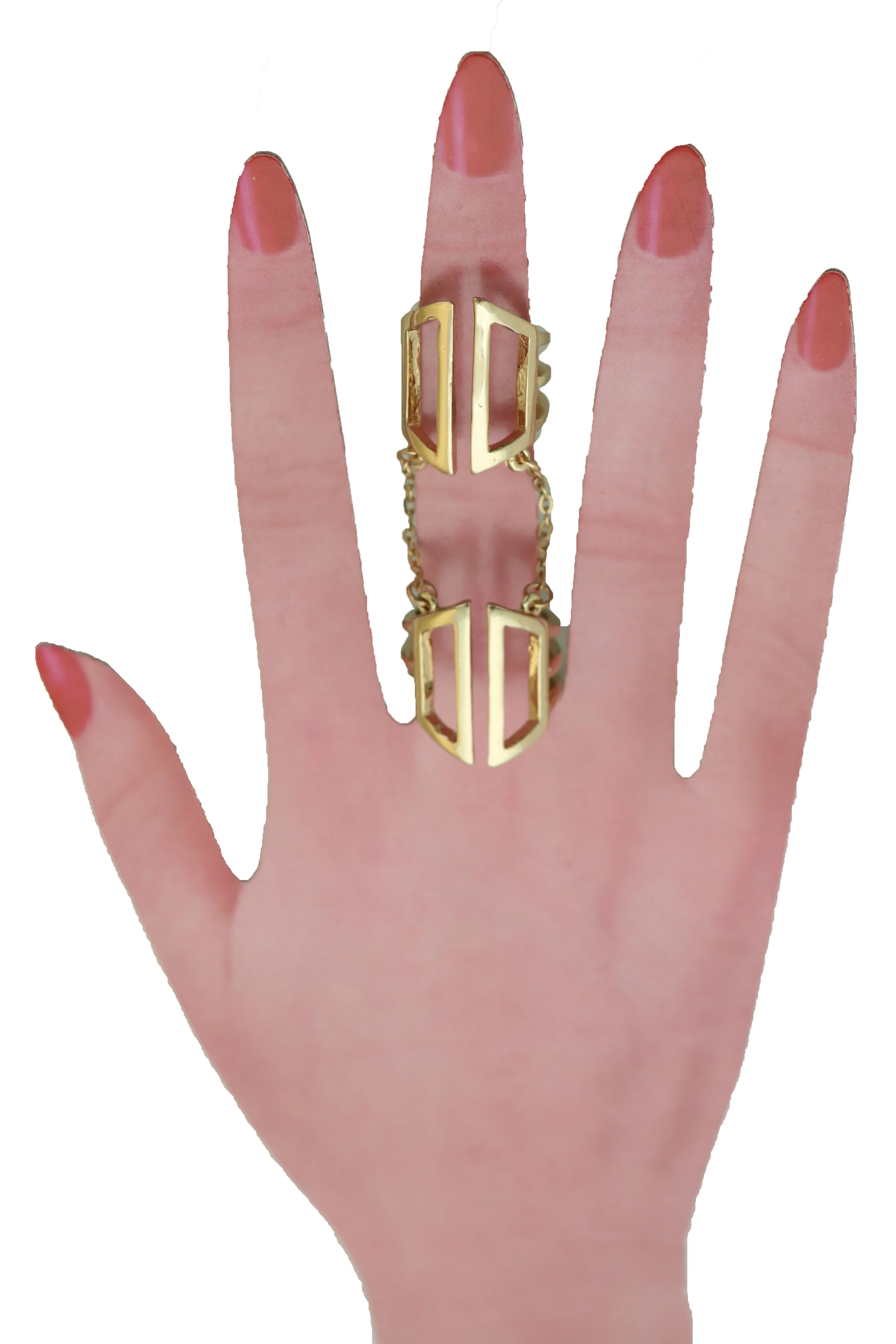 Women Gold Cuff Ring Metal Long Finger Double Adjustable Band Up to Size 9
